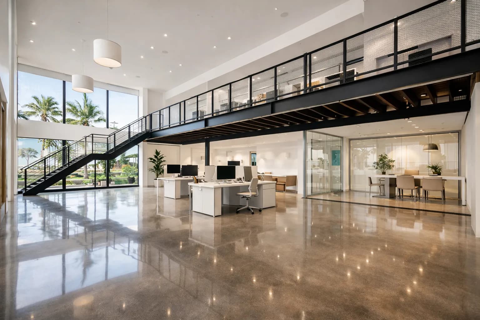Immaculate polished concrete floor in an open commercial warehouse space
