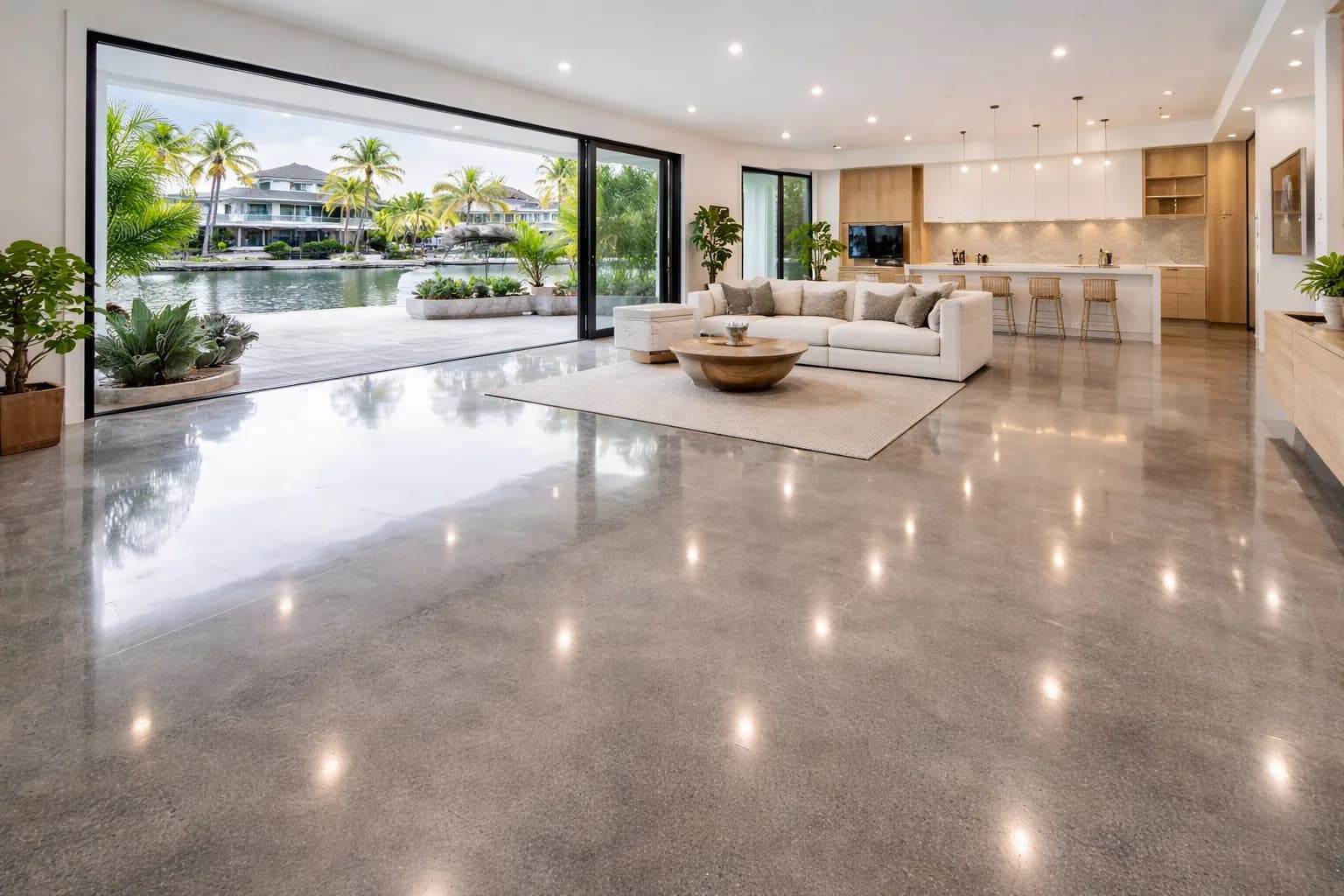 Luxury coastal home with finished polished concrete floor and ocean views on the Gold Coast