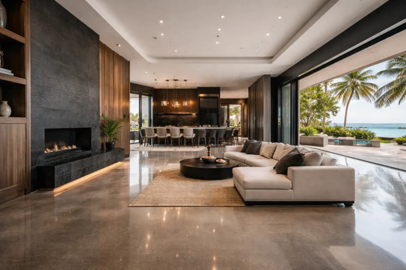 Luxury coastal home with shining polished concrete floor on the Gold Coast