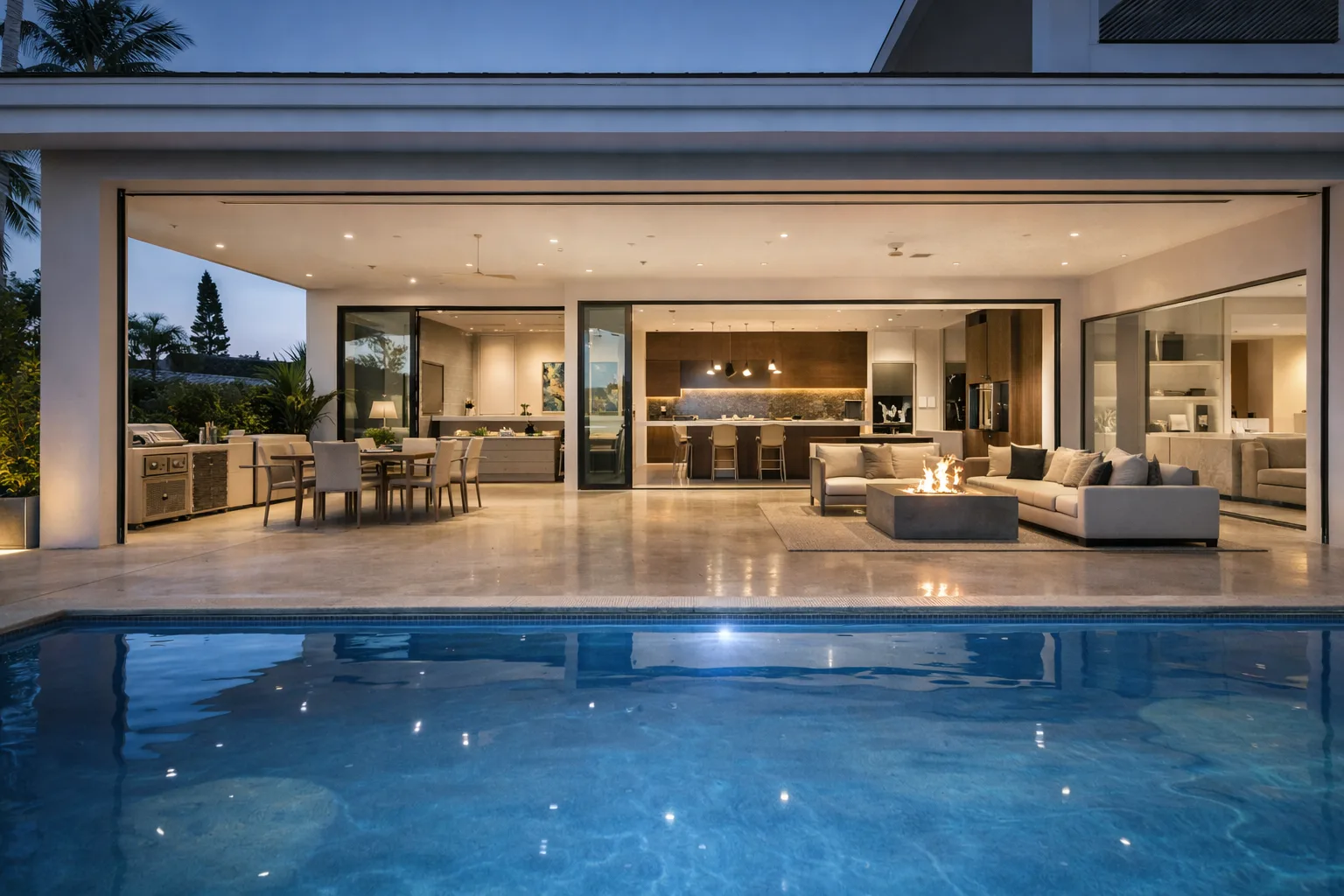 View from pool area into a Gold Coast coastal home with polished concrete floors