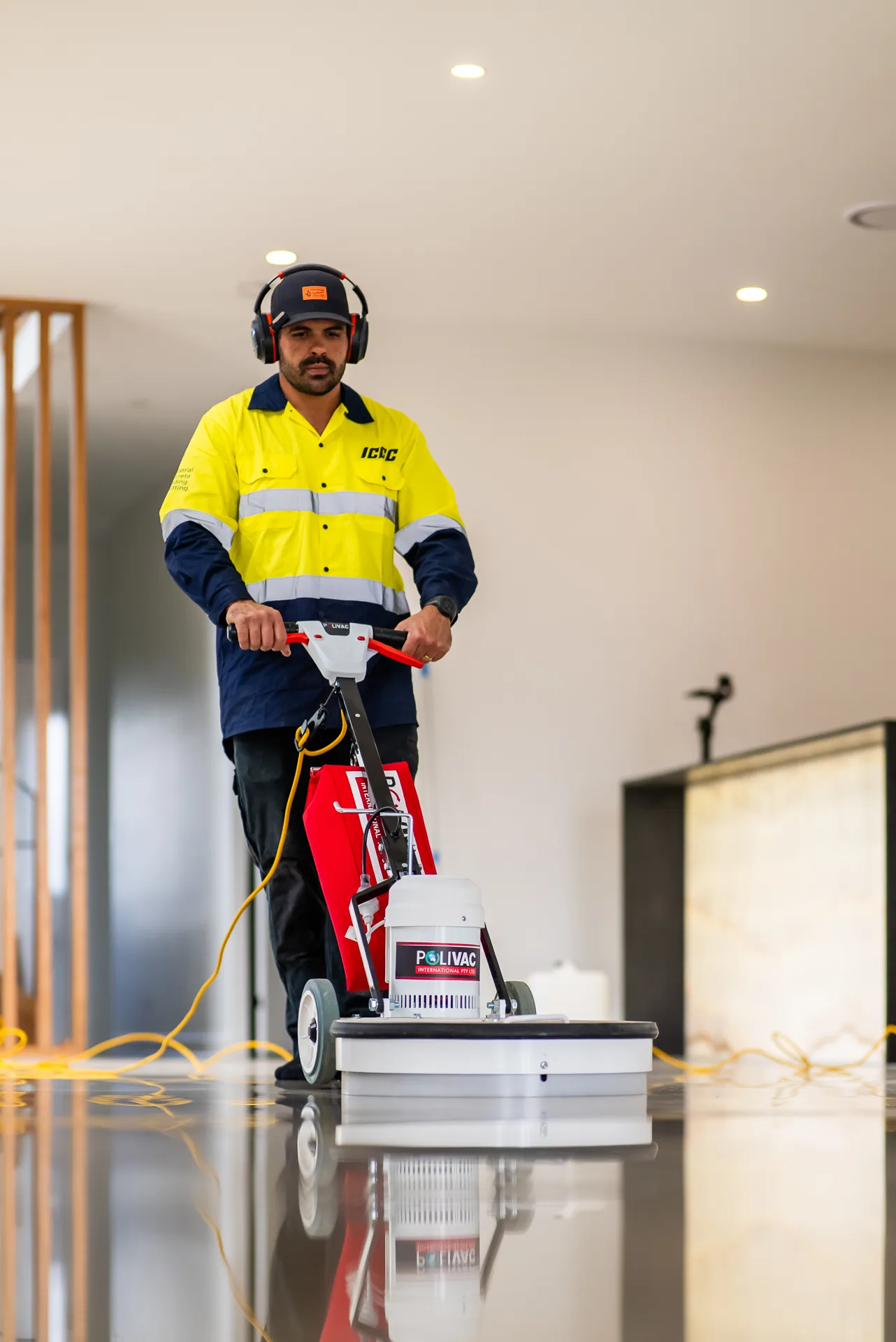 Concrete floor honing in progress on a Heritage Builders new build in Brisbane