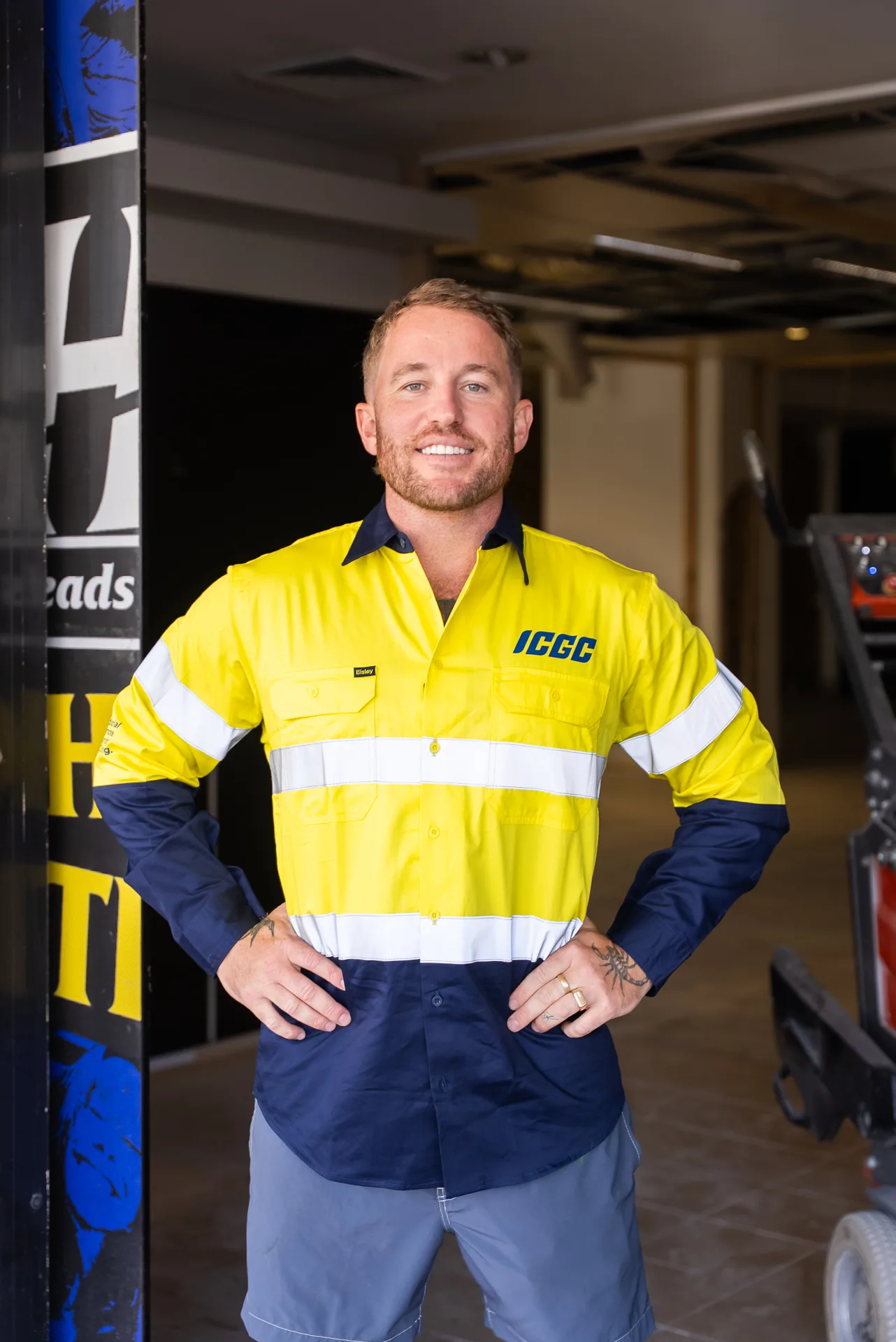 ICGC team members in hi-vis workwear on a Gold Coast commercial fitout concrete grinding project